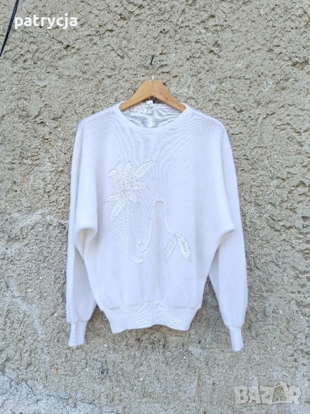 Vintage 80s бял пуловер с флорални мотиви XL, снимка 1