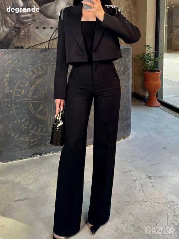 Черен Костюм с Широк Панталон , снимка 1