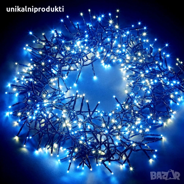 НОВО! Коледни лампички иглички 5м 150 LED студено синя светлина 3 функции IP65 черен кабел, снимка 1