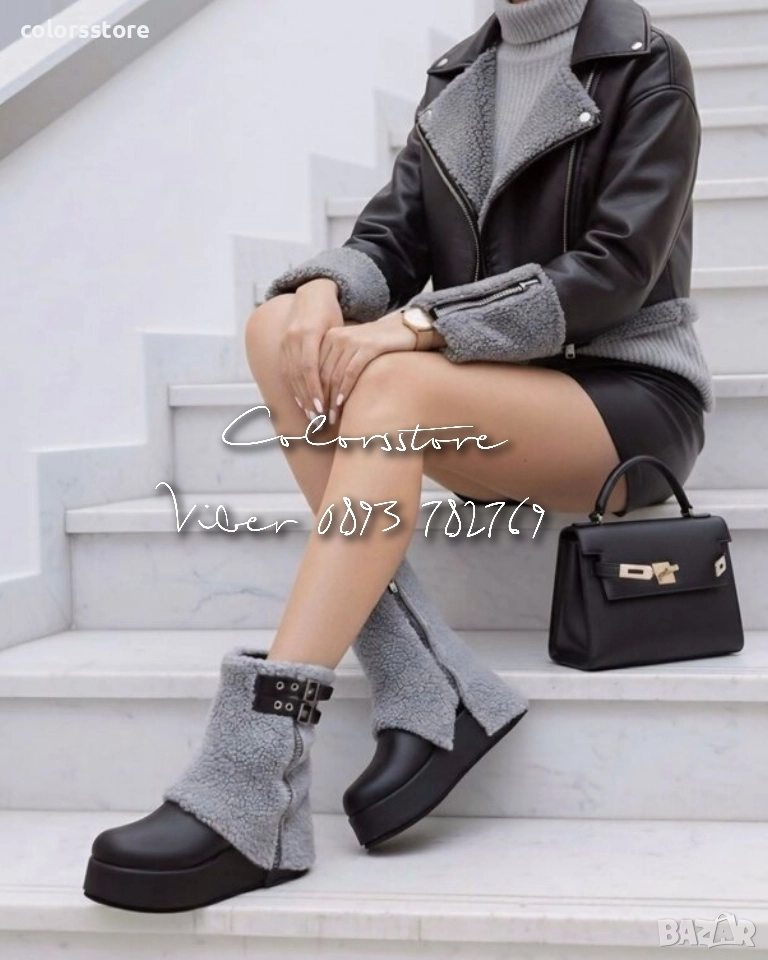 Боти на платформа - черно със сиво кожа - BPK55 , снимка 1