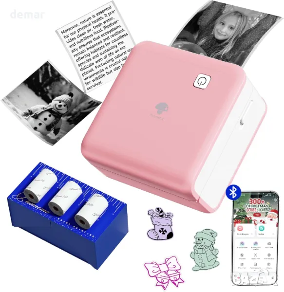 Принтер Phomemo P2S, мини термален принтер за смартфон, Bluetooth, 3 ролки хартия, снимка 1