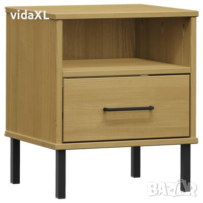 vidaXL Нощно шкафче с метални крака, кафяво, бор масив, OSLO(SKU:350970
