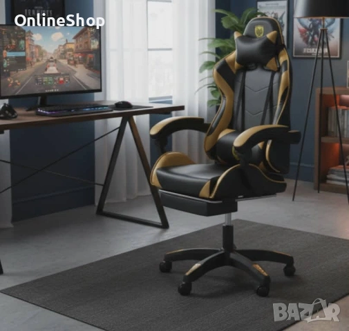 Стилен геймърски стол с масажна възглавница в златисто -GOLD, снимка 8 - Геймърски - 53314544