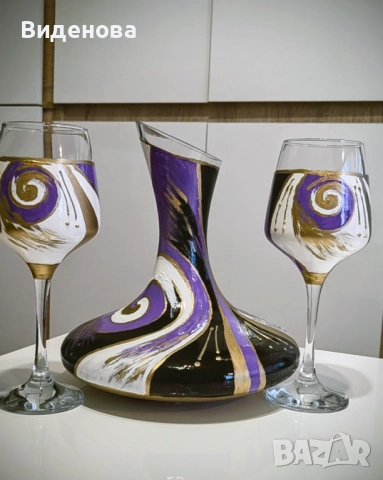 Ръчно рисуван комплект гарафа и чаши