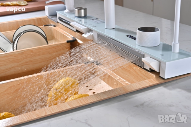 Дъб натур - Мултифункционална кухненска мивка с двоен водопад , снимка 9 - Мивки - 52130617