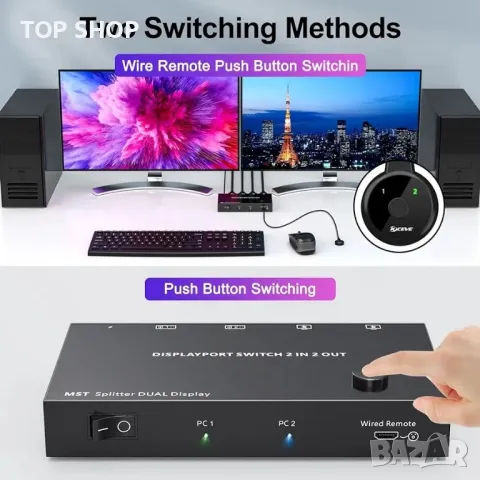 DisplayPort Splitter Switch 4K@60Hz, 2 in 2 out MST SST, снимка 7 - Друга електроника - 48697582