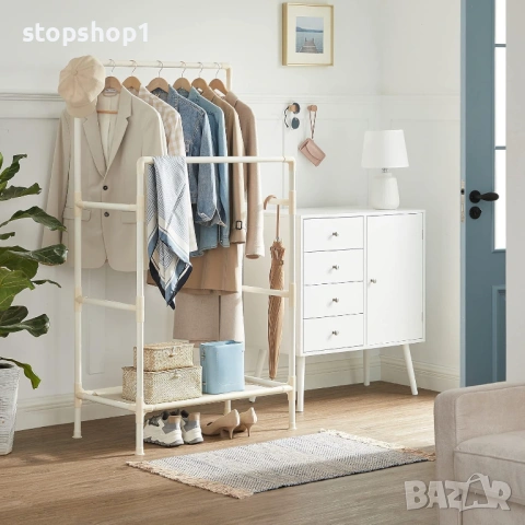 SONGMICS Закачалка за дрехи, метална стойка с 2 релси за окачване и рафт за съхранение, максимално н, снимка 2 - Гардероби - 53860299