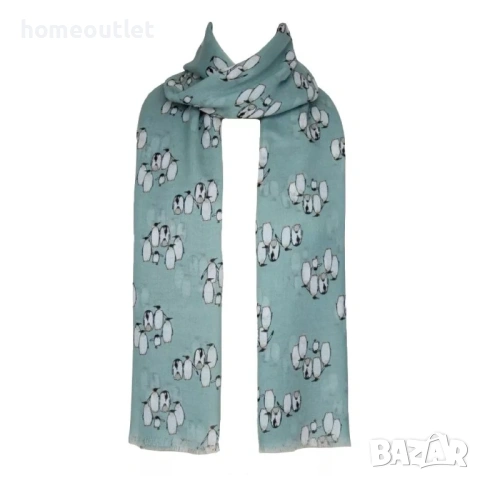ПРОМОЦИЯ Многофункционален дамски шал в тюркоазен нюанс с принт на пингвини PEONY P-4223 DUCK EGG