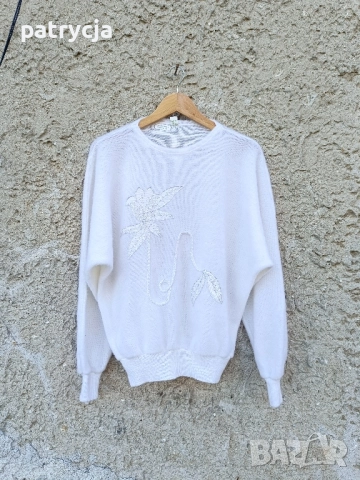 Vintage 80s бял пуловер с флорални мотиви XL