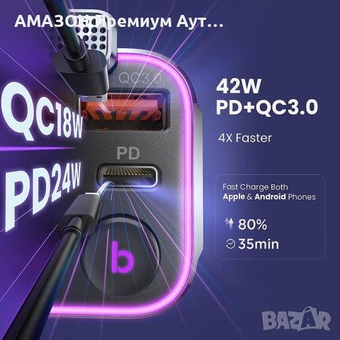 Bluetooth FM авто трансмитер/адаптер/42W PD+QC3.0/7 цвята LED подсветка/безжично повикване, снимка 3 - Аксесоари и консумативи - 46037420