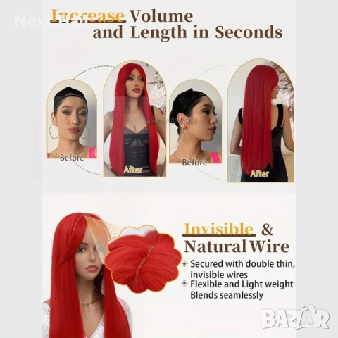 80 см Ярко червена права синтетична перука с дълъг бретон, снимка 5 - Аксесоари за коса - 51058452