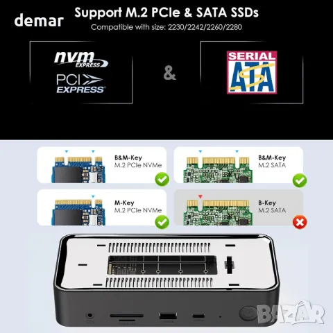 WAVLINK USB C докинг станция 3 монитора, 5Gbps M.2 PCIe/SATA SSD кутия, снимка 6 - Кабели и адаптери - 47027455