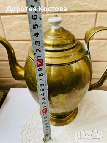 Голям месингов чайник от Англия с порцелан на капака, снимка 5 - Антикварни и старинни предмети - 53577942