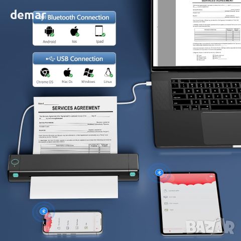 Преносим принтер PhoFuta M08F, безжичен термичен принтер A4, Bluetooth с 10 листа термохартия A4, снимка 2 - Принтери, копири, скенери - 45672634