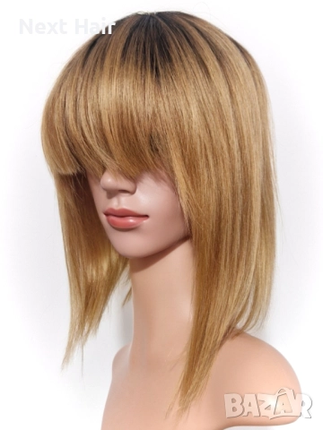 33 см естествена златисто руса омбре перука с тъмни корени и бретон, снимка 6 - Аксесоари за коса - 52029639