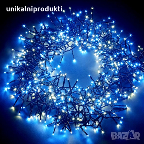 НОВО! Коледни лампички иглички 5м 150 LED студено синя светлина 3 функции IP65 черен кабел
