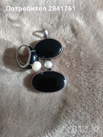 Сребърен комплект пръстен и висулка с перла и оникс, снимка 2 - Бижутерийни комплекти - 46062453