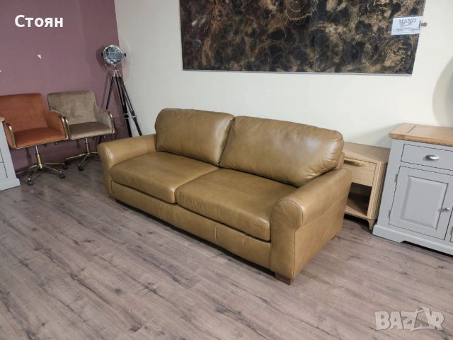 Светло кафяв кожен диван четворка, снимка 7 - Дивани и мека мебел - 53721125