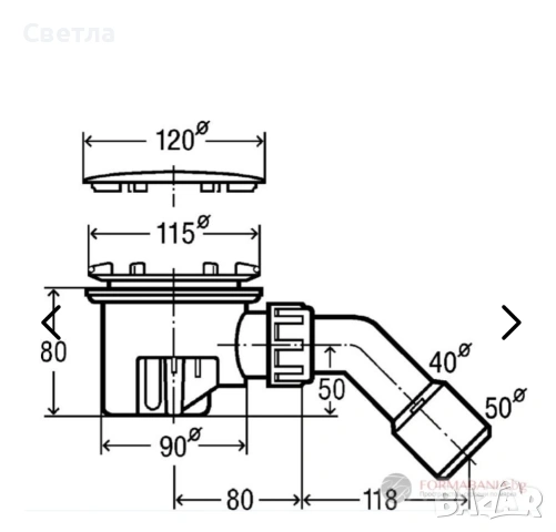 Сифон на душ корито. Капачка хром, Странично оттичане, 45° канализационно коляно, Ø 120., снимка 3 - ВИК - 53229960