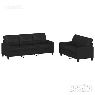 vidaXL Комплект дивани от 2 части с възглавници черен изкуствена кожа(SKU:3201378