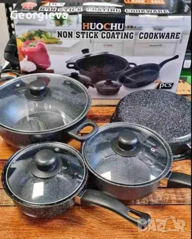 Комплект качествени тенджери от 7 части с незалепващо мраморно покритие. , снимка 2 - Съдове за готвене - 52789242