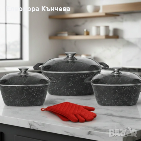 Комплект тенджери – Cheffinger от 3 части с мраморно покритие и капаци + подарък 2 ръкавици , снимка 2 - Съдове за готвене - 53145063