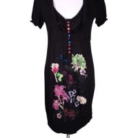 Desigual L, XL- Лятна рокля в черно с флорален принт и разноцветни копченца , снимка 3 - Рокли - 45679155
