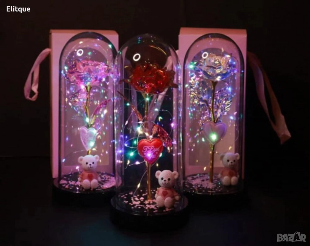 Романтична стъкленица с роза, мече и LED светлини, снимка 1