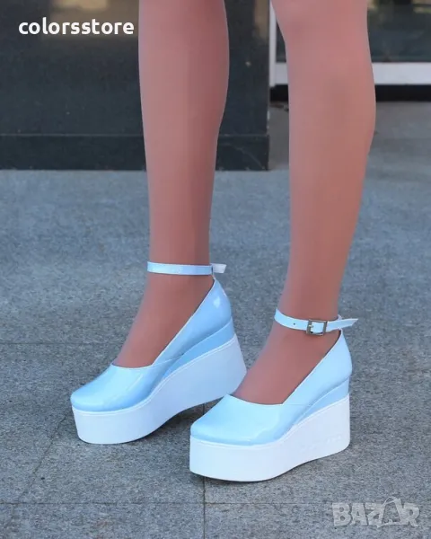Обувки на платформа - син лак с бяло ходило - 125K, снимка 1