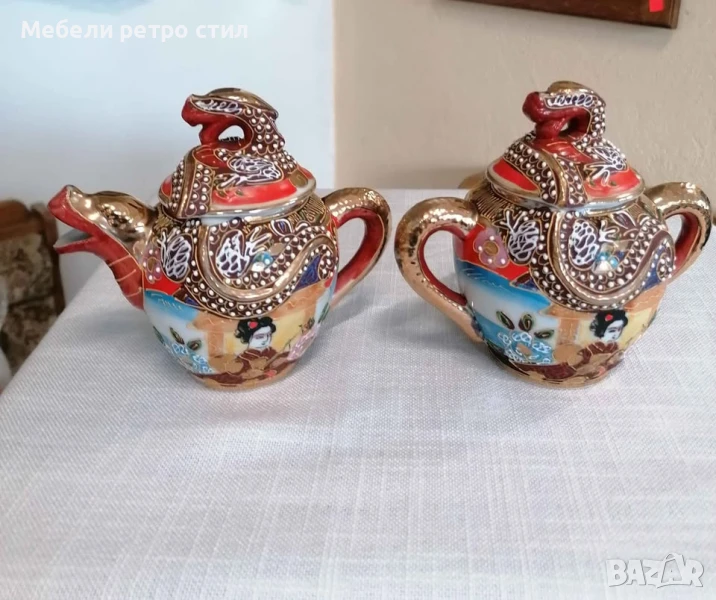 Японски комплект захарница и каничка за чай Satsuma. С богато рисувана релефна декорация. , снимка 1
