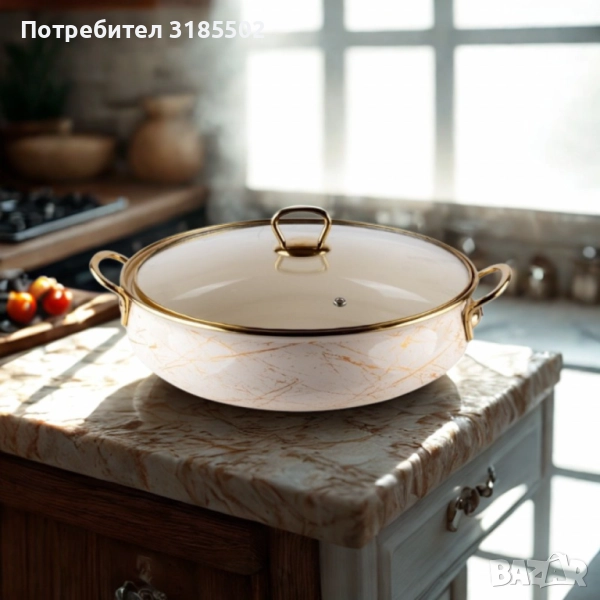 Тенджера Goldmann 24x8см. 3.2л./ 26x8.5см. 4л. Плитка. Емайл. Индукция. Бял/Старо злато, снимка 1