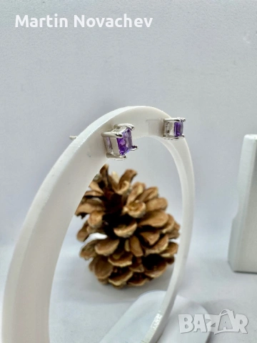 Сребърни обеци с естествен аметист, снимка 5 - Обеци - 53438246