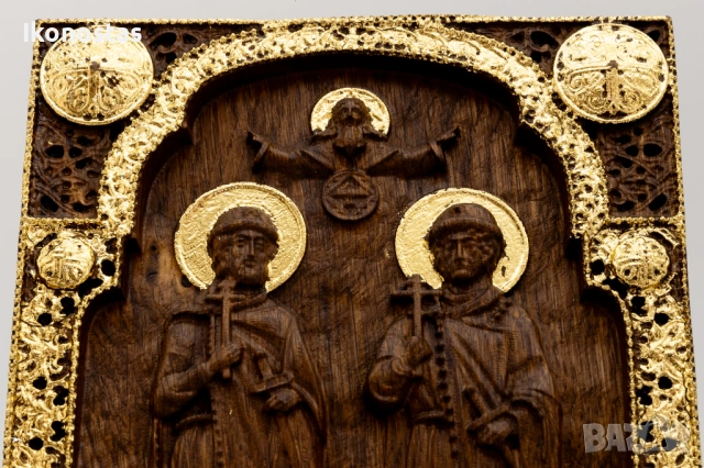 Свети Борис и Глеб – релефна православна икона от дъб с позлата, снимка 5 - Икони - 53224982