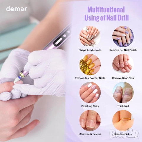 Безжична електрическа пила за нокти 13 в 1, 35000 об/мин, 5 скорости, виолетова, снимка 8 - Продукти за маникюр - 52736009