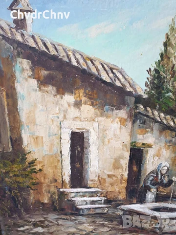 131х81см/стара голяма картина масло върху платно/къща-двор-овце-кладенец/барокова дървена рамка, снимка 2 - Картини - 50978396