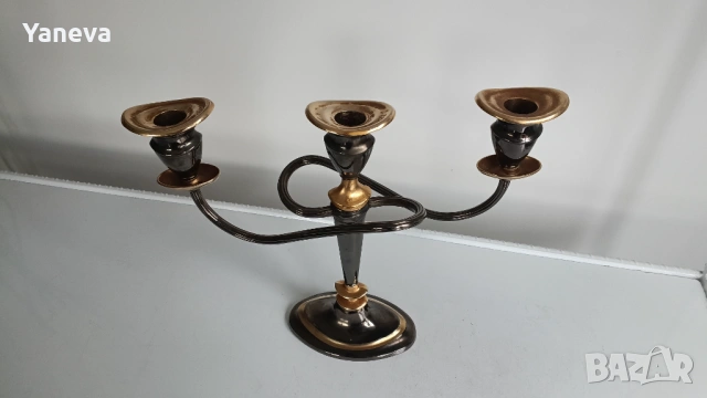 Vintage , метален, немски свещник (канделабър) с три рамена ,  в комбинация от черен и златист цвят, снимка 6 - Декорация за дома - 53904902