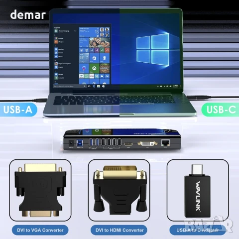 Докинг станция за лаптоп WAVLINK, за два монитора, HDMI+DVI/VGA/HDMI, 2* USB 3.0, 4* USB 2.0, снимка 5 - Друга електроника - 50443695