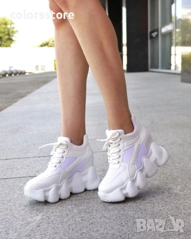 Кецове на платформа - бяла кожа с мрежа - PA786 