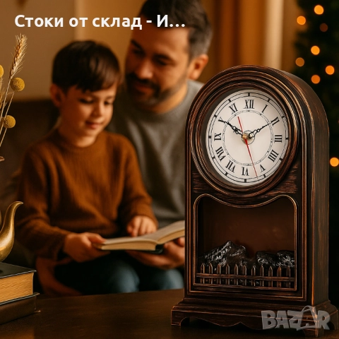Винтидж настолен часовник с LED камина – уют и стил в едно, снимка 2 - Стенни часовници - 51778389