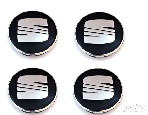 4 броя капачки за джанти SEAT – черни с хром емблема, 55мм и 63мм