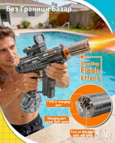 Нов Автоматичен воден пистолет за деца 400+ изстрела с батерия за басейн и плаж игра, снимка 3 - Други - 54109453