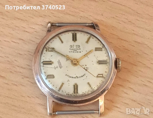 Немски-GDR /DDR Винтидж часовник GUB GLASHUTTE кал.70,1 - 17 RUBIS. Позлатен 20MK.Работи перфектно !, снимка 4 - Мъжки - 54171426