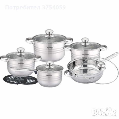 Комплект съдове за готвене 12 части Cheffinger, с индукционно дъно и стъклени капаци , снимка 7 - Съдове за готвене - 53174359