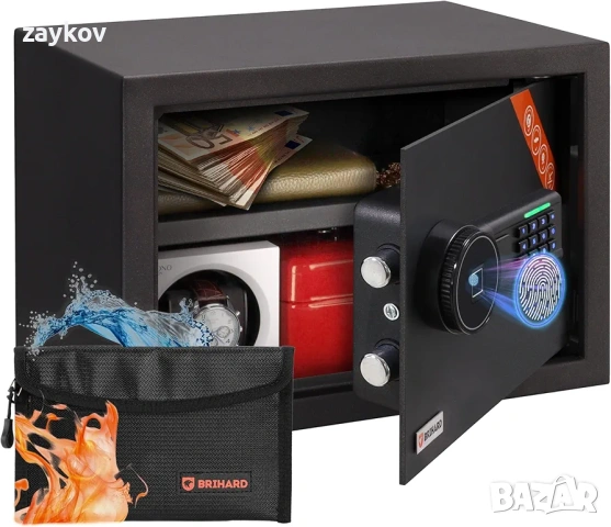 биометричен сейф 25x35x25см, черна стомана, пръстов отпечатък и цифрова клавиатура