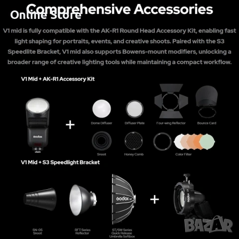 Godox V1 Mid C TTL светкавица за Canon – кръгла глава, LED лампа, 2.4G wireless, снимка 4 - Светкавици, студийно осветление - 54169945