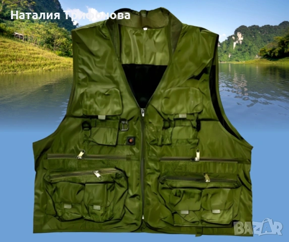 Рибарска жилетка в зелено, размери 2XL/3XL, с много джобове, снимка 4 - Екипировка - 54180147