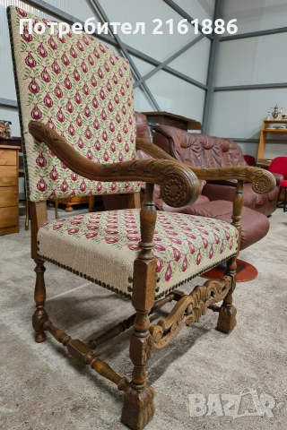 Дъбово кресло с дърворезба и гобленова дамаска , снимка 3 - Дивани и мека мебел - 53950540