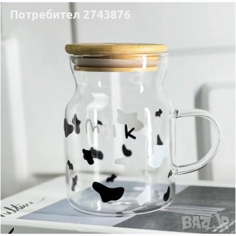  Стъклена чаша боросиликатно стъкло със стъклена сламка,Модел- Milk, Декор - крава, 450мл 
