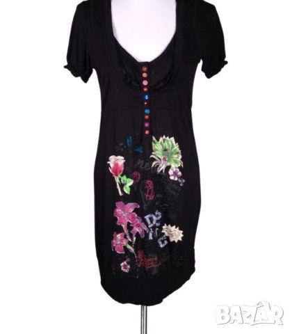 Desigual L, XL- Лятна рокля в черно с флорален принт и разноцветни копченца , снимка 3 - Рокли - 45679155