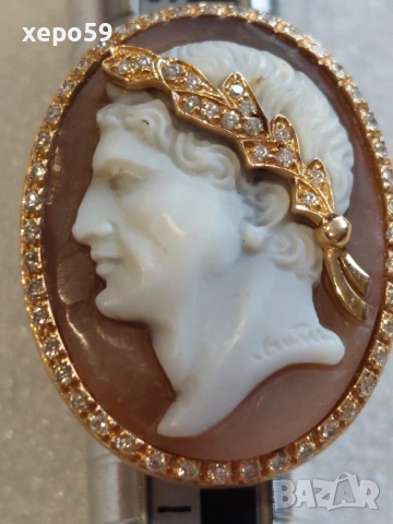 Уникален дамски златен пръстен,злато 18 карата,45 брилянта,и огромна камея, снимка 7 - Пръстени - 53840580